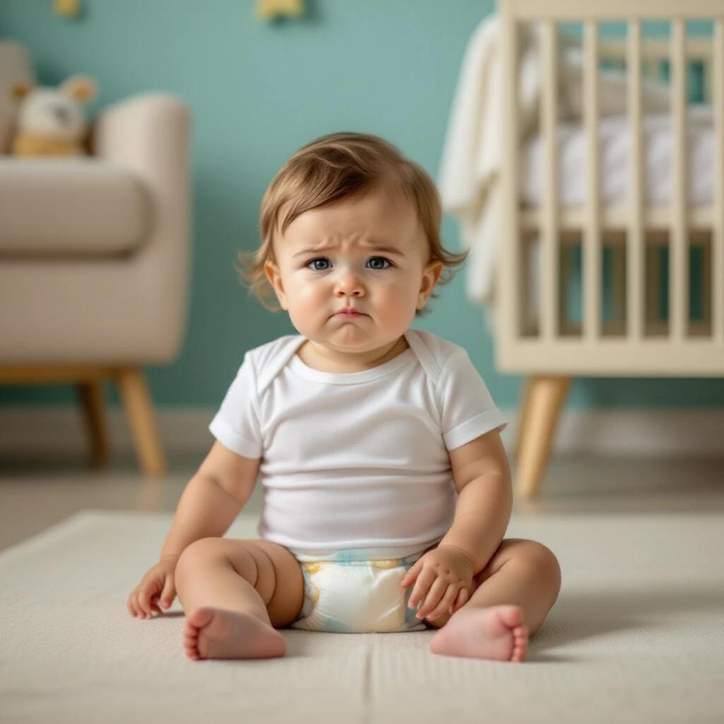 Photorealistic image of a baby sitting on the floor in a clean nursery. Soft lighting in the room. Baby shows signs of discomfort. Wearing light-colored clothing. Diaper appears slightly saggy. Gentle caregiving atmosphere. Turquoise and yellow color scheme in the nursery.