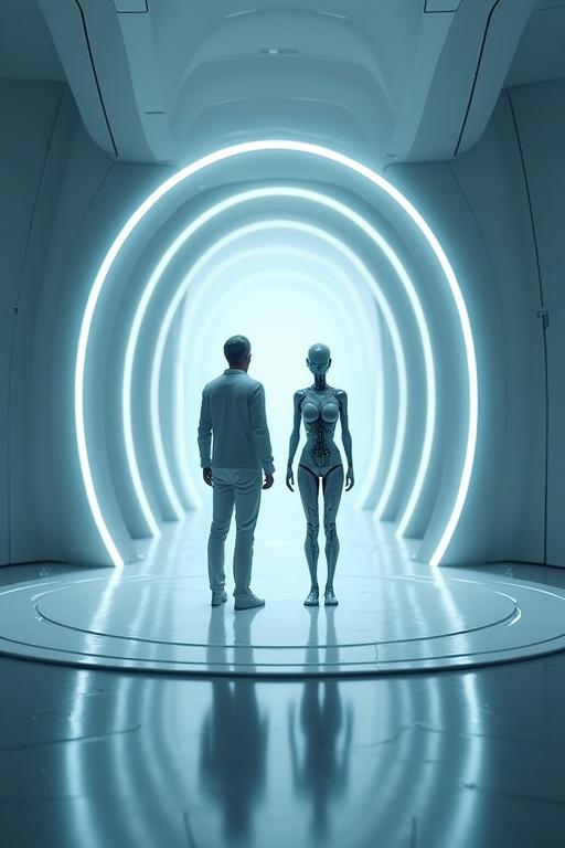 Futuristic and calm environment with minimalist, metallic surfaces. Blue-white lights from AI systems. Centered human figure surrounded by a protective light circle. Friendly humanoid AI figure nearby. Deep connection between human and AI in a controlled world. Colors are cool bluetones, white, warm gold accents.