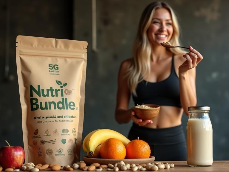 A female fitness model stands in a rustic gym holding a spoon of powder. She smiles joyfully. She wears a black sports bra and leggings. A kraft pouch is prominently displayed. It has the name 'NutriBundle' and the phrase '100% Organic and Natural'. Fruits and nuts are arranged neatly around her. Scene with warm lighting and an earthy palette.