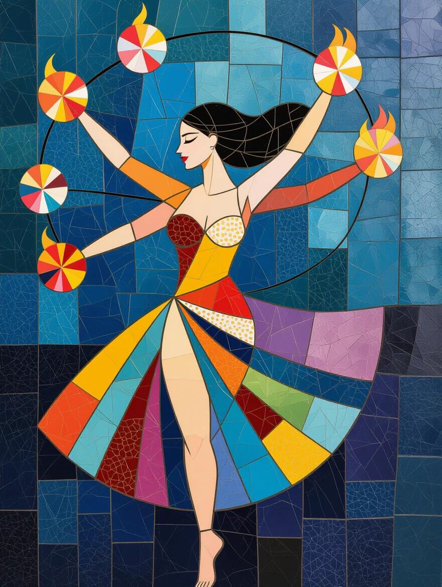 An abstract mosaic art piece representing a dancer juggling flaming pom poms. The artwork features ethereal elements and vibrant colors created using ceramic tiles and glass.