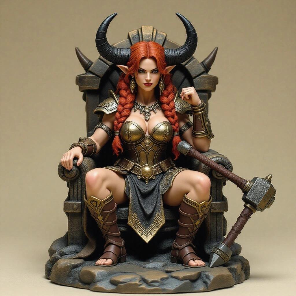 Resin figure of a powerful goddess. Seated on a rock throne with a large warhammer. Voluptuous muscular woman with tanned skin. Long red hair in thick braids. Stoic imposing pose. Dark bronze leather armor with runes. Natural black horns on her head. Throne with cracks. Mystical celestial aura.