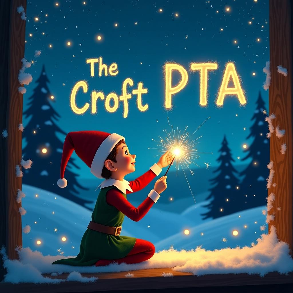 A cheerful elf wearing a classic red and green outfit is kneeling in a snowy landscape. The elf is joyfully writing the name 'The Croft PTA' in sparkling text across the night sky with a sparkler. Behind the elf, snow-covered trees create a festive backdrop. The night sky is illuminated with hints of northern lights, adding a magical feel to the scene. The art style is bright, colorful, and whimsical, perfect for a holiday theme.