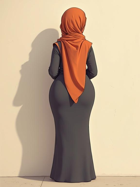 Illustration of a curvy woman wearing a hijab. She stands confidently with her back against the wall. The dress is tight and stylish, accentuating wide hips. The color scheme includes a black dress with an orange hijab. The figure faces the viewer but is shown from the back.
