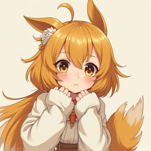 Anime character in fantasy expressionist style. Light-tan and white color palette. Character has large ears and expressive eyes. Elegant attire with a flower in hair.