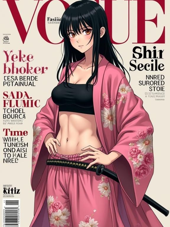 Female swordswoman stands confidently with a katana, wearing a flower-patterned pink kimono over a black crop top. She has long black hair and a toned physique with a serious expression. The background mimics a fashion magazine layout resembling Vogue.