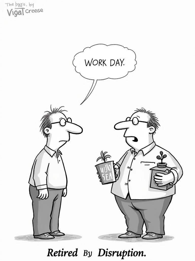 A comic showing a middle-aged man on his last workday. He has a box with a mug and plant. His younger boss expresses appreciation but mentions the clash between the man's knowledge and the agile culture. The caption reads 'Retired by Disruption.' Drawn in a newspaper style with minimal background and expressive body language.