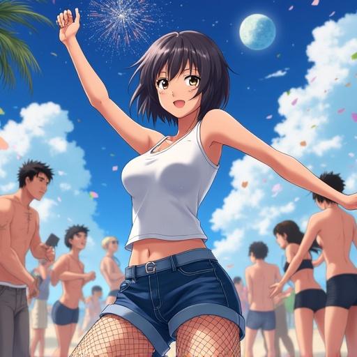 Anime girl dances at beach festival. Short hair and grey eyes. Wearing white tank top and denim shorts. Fishnet stockings. Background shows people celebrating with balloons and fireworks. Happy atmosphere with a bright moon.
