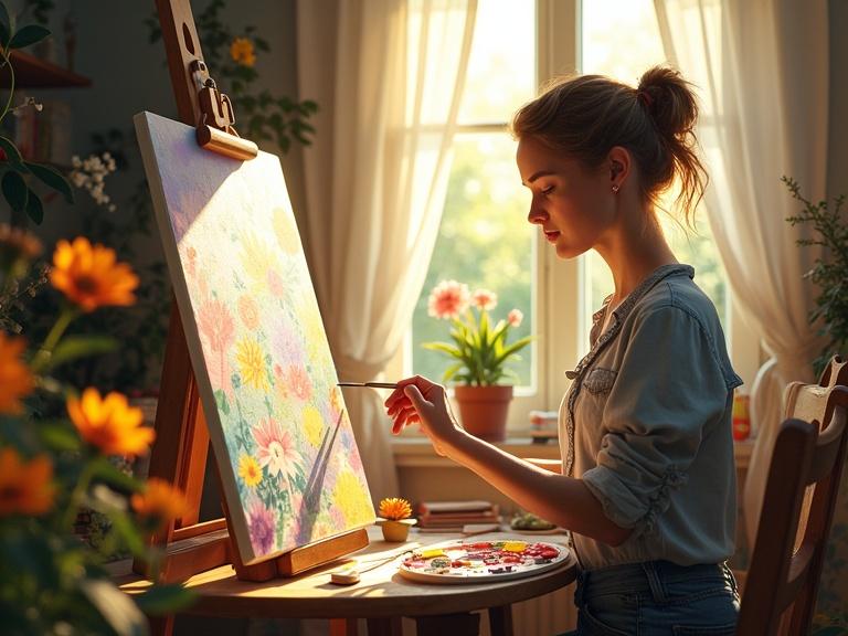 A woman is painting at an easel. Sunlight pours through a window. Bright paints are on the palette. Flowers bloom around her. The scene captures creativity and inspiration in a cozy setting.