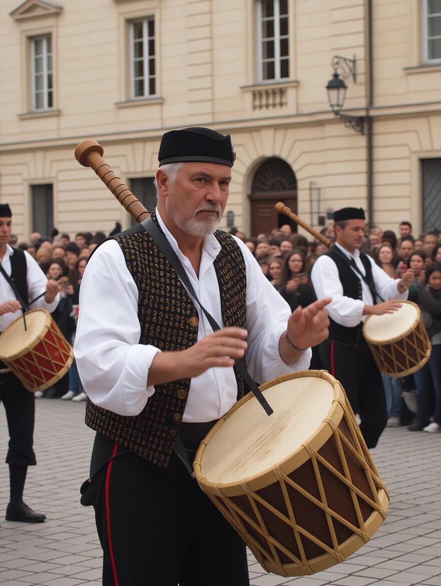 A musician plays a drum at a cultural event. The musician wears traditional clothing. The scene is set in a crowded square filled with spectators. The atmosphere is festive and lively.