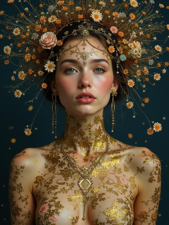 Model with floral headdress and golden body art. Intricate details on skin. Soft lighting enhances facial features. Background is dark for contrast. Aesthetic inspired by historical art.