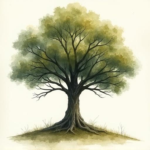 Illustration of a tree with a hand-drawn style. Tree has a thick trunk with visible roots. Dense foliage in muted watercolor tones. Colors include deep green and sepia. Background is blank without text.