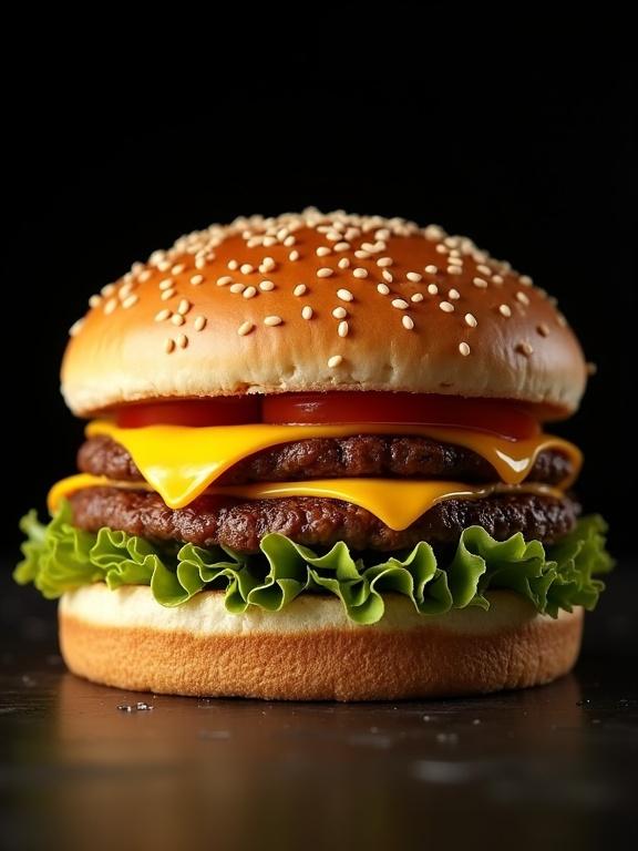 Hyperrealistic image of a big cheeseburger featuring layers of melted cheese, lettuce, and tomato against a black background. Close-up view highlighting textures and details.