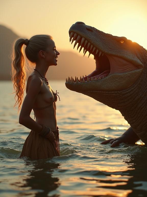 A young blonde woman in a loincloth stands in water. She laughs at a large aquatic monster. The creature opens its mouth playfully. Woman has hands behind her head. Warm sunset light. Gentle ripples in the water. Dreamy emotional mood. Hyperrealistic cinematic style.