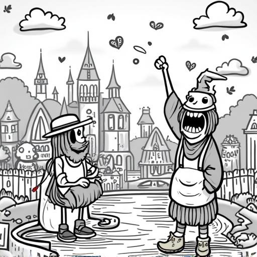 Create a coloring book based on a comic fantasy theme for children with funny characters and situations. Display whimsical scenes featuring playful interactions between amusing characters in a village setting.
