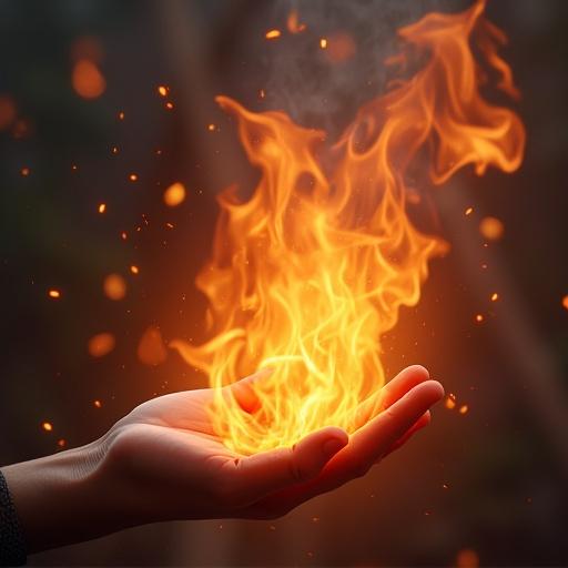 A hand holding a small flame. The flame has an orange and red hue. The spell looks weak and flickers in the air.