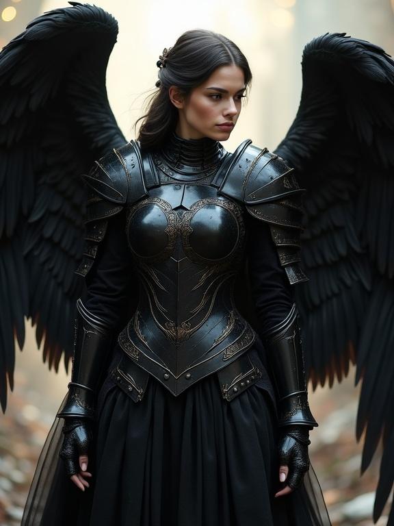Female angel with black feathered wings. Wears traditional black armor. Ambience of a mystical forest.
