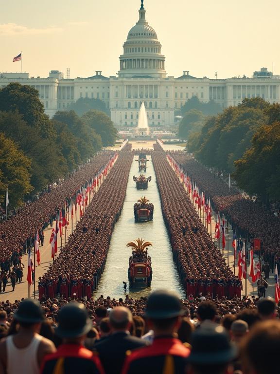 Film poster depicting a grand military parade in Washington DC featuring many soldiers and flags. The Capitol building is visible in the background. Text suggests an upcoming Presidential Birthday event in an autocratic style with high costs.
