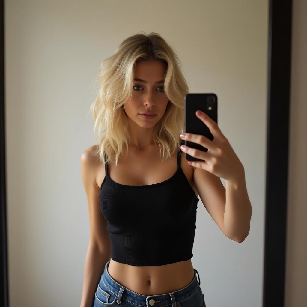 A beautiful Russian blonde woman is taking a selfie in front of a mirror. She is holding a phone in one hand and smiles softly at the camera. She wears a stylish black crop top that enhances her figure. Her jeans fit snugly, giving her a casual yet trendy look. The background is softly blurred, focusing on her and the reflection in the mirror.