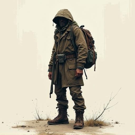 Post apocalyptic young man wearing tactical clothing. Weathered look with backpack and shoes. Standing in a barren landscape. Earthy color scheme. Dim lighting.