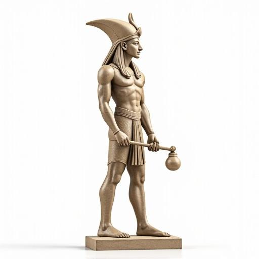 A standing figure of an Egyptian (deity or pharaoh) in a strict profile facing right. A Nemes headdress with a cobra on the forehead. A false beard. A wide collar and pleated loincloth. Arms and legs wrapped in bandages. Wearing sandals. Holding a long sceptre in the left hand. Modern representation with linear style.