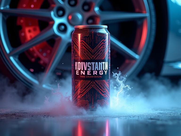 A sleek can of an energy drink labeled for KONSTANTIN ENERGY stands prominently. The can features an electric circuit design. In the close background, a shiny car wheel is highlighted. Fog drops on the can create an epic view. The photo is taken at a low angle, emphasizing the energy drink can in a thrilling atmosphere.