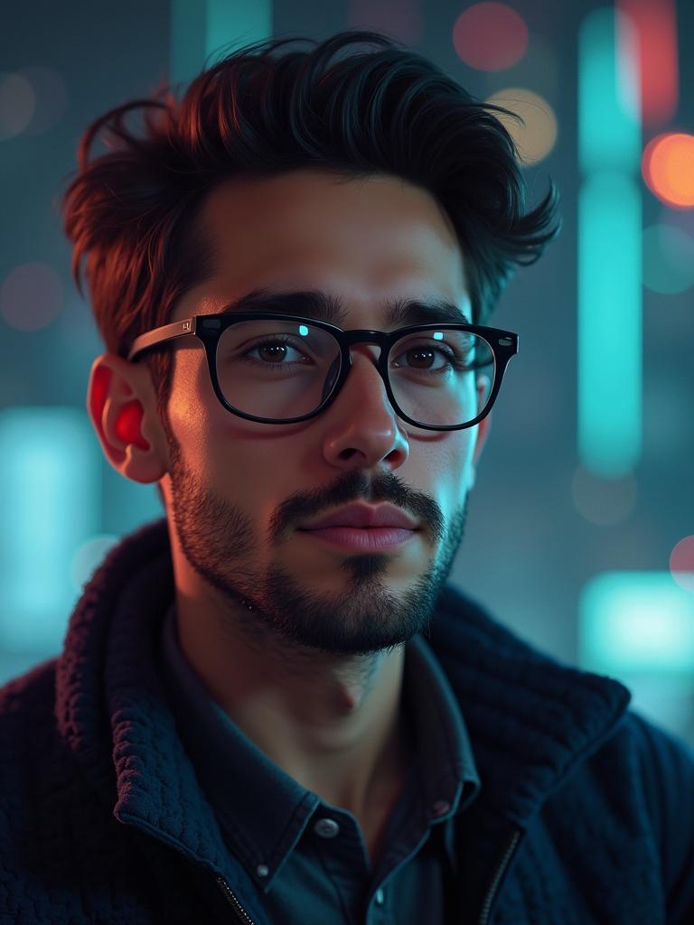 Image depicts a developer wearing black glasses. Modern styling and professional demeanor. The setting features a softly lit background with colorful lights. Focus is on the person while keeping a friendly and approachable vibe.