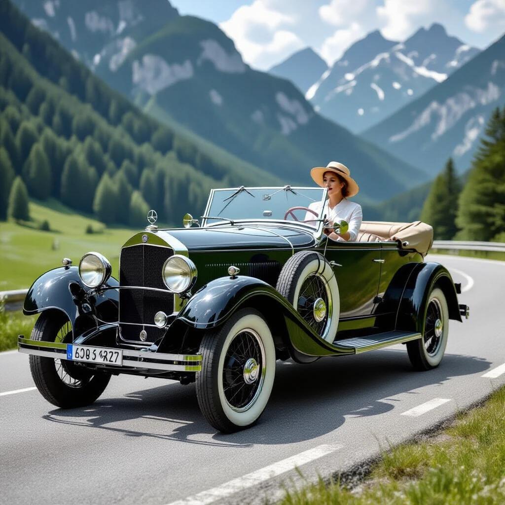 Vintage 1928 Mercedes-Benz driving along a mountain road. Car has an opened hood with steam emanating. The driver's door is open at 90 degrees showing the interior. A woman in a white cloche hat and short dress is inside. There are visible mud splatters on her stockings. Steam is gushing from the radiator and hoses. An untouched toolbox is seen on the gravel nearby. Tire tracks on the gravel road. Captured during the golden hour.