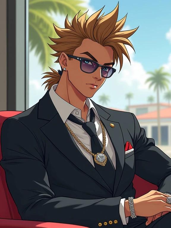 Anime character sitting in a library inside a private high school. Character has light brown spiky hair and a ponytail. Dressed in a formal private academy uniform and expensive diamond-encrusted hip hop jewelry. Character appears muscular with a disinterested look while barely studying. Environment is modern and bright. Trees seen through the window suggest Miami setting.