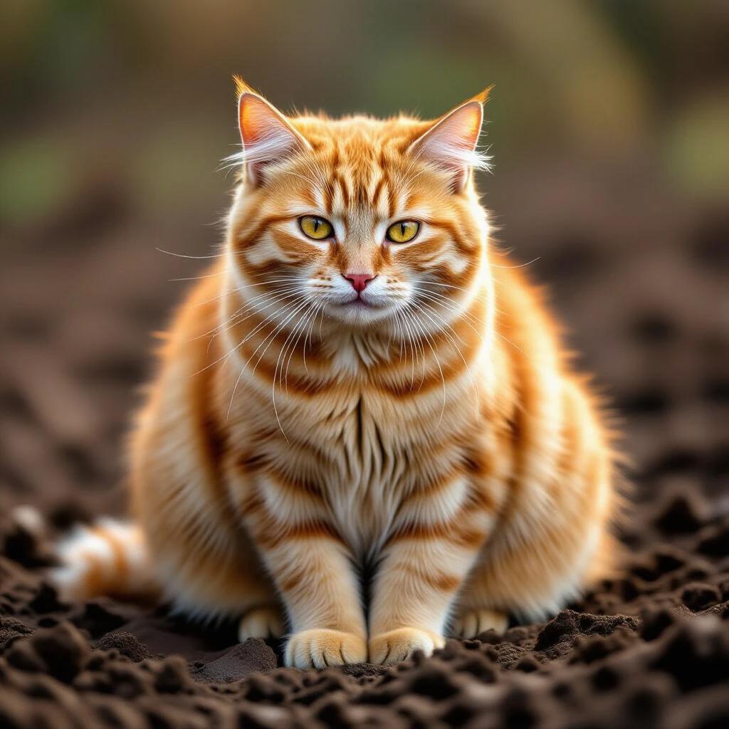 Fluffy orange cat sits in muddy ground. Cat displays luscious orange fur and serene expression. The background is blurred with a focus on the cat.