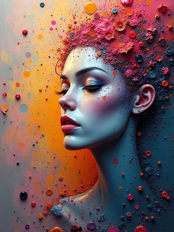 Oil splash effect with a fantasy theme. Thick impasto texture creates a multi-layered look. A woman's profile surrounded by colorful textures.