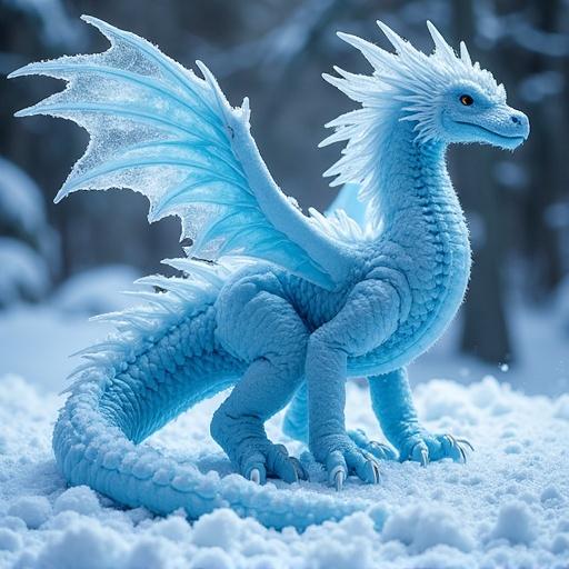 Artistic interpretation of a fantasy ice dragon featuring detailed scales snow-covered background vibrant colors