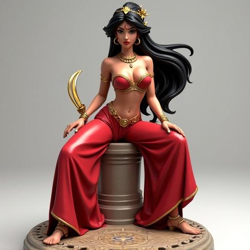 Highly detailed and hypersexualized statue of a beautiful woman inspired by a Princess Jasmine character. She poses confidently sitting on a base with an arabesque mosaic. Dressed in bold red exotic dancer outfit featuring gold accents. Accessories include bracelets, anklets, earrings, and a headpiece. Long black hair styled in cascading ponytail tied with gold ribbons. Holding a curved dagger while the other hand rests on her hip.