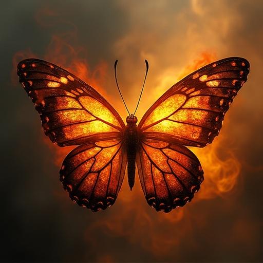 Ink letters transform into ash resembling butterflies with charred edges. Darkroom ambience with amber lighting creates an ethereal effect. Smoke emerges from wings adding a mystical quality.