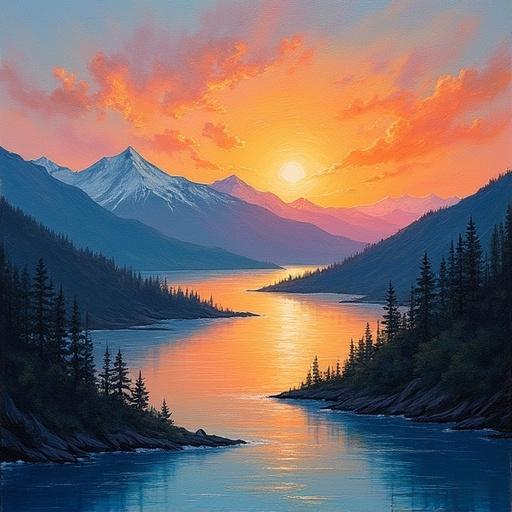 Oil painting of a stunning sunrise over a mountain lake. Bright colors reflect on the water's surface. Tall trees frame the serene view. The mountains create a majestic backdrop.