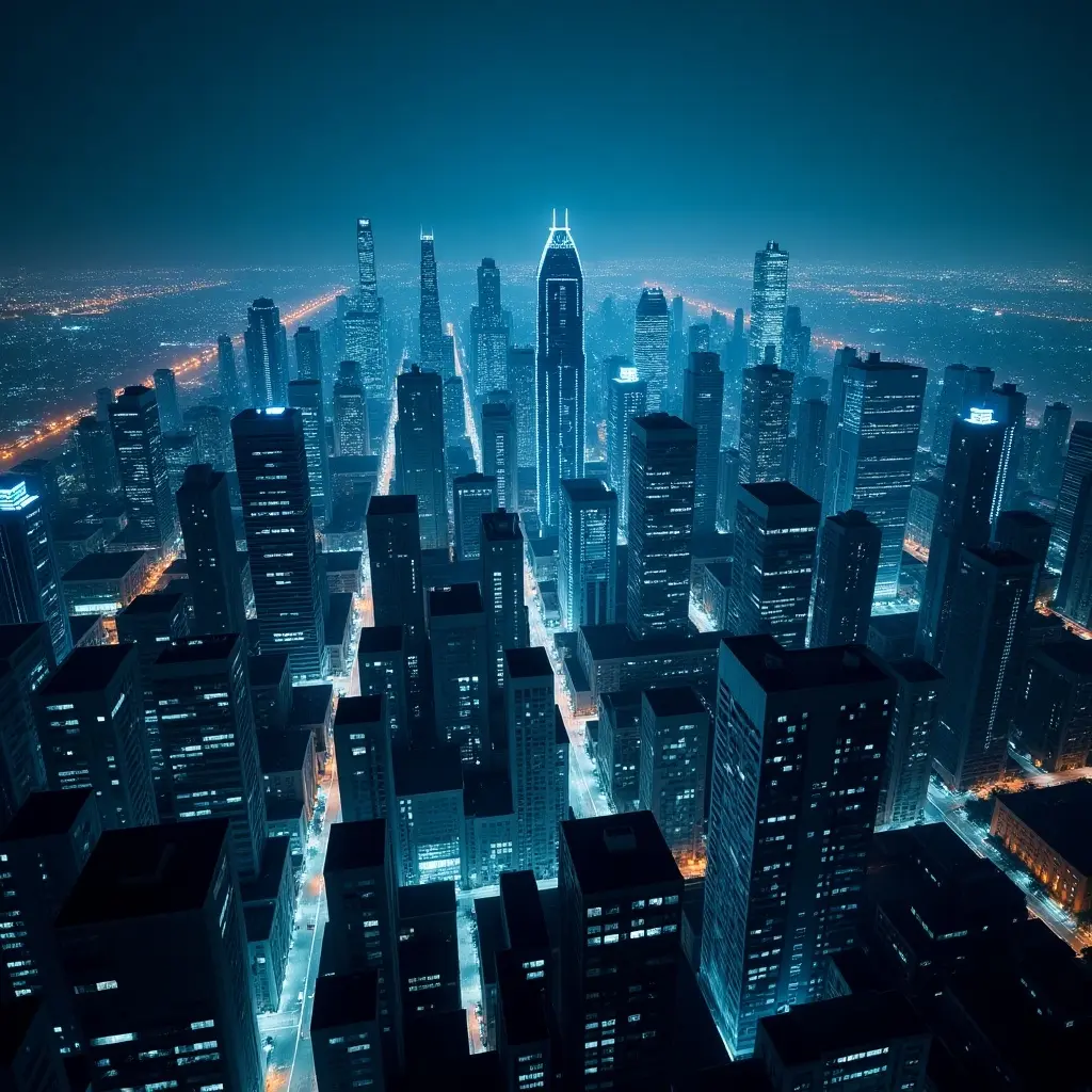 This image showcases a stunning futuristic cityscape set at night. The view is from above, displaying a myriad of towering skyscrapers that are brightly illuminated. The buildings are interconnected with glowing digital networks, creating a sense of advanced technology. The overall color scheme features deep blues and hints of gray, providing a sleek and modern feel. This urban landscape captures the essence of a vibrant and digitally advanced metropolis.