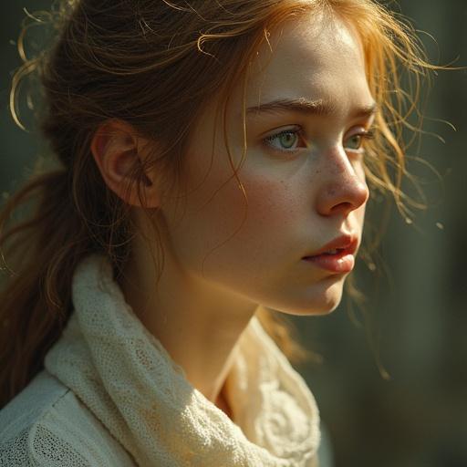 Semi-realistic illustration of a woman with closed eyes. She has golden blonde hair. The setting is a fantasy world.