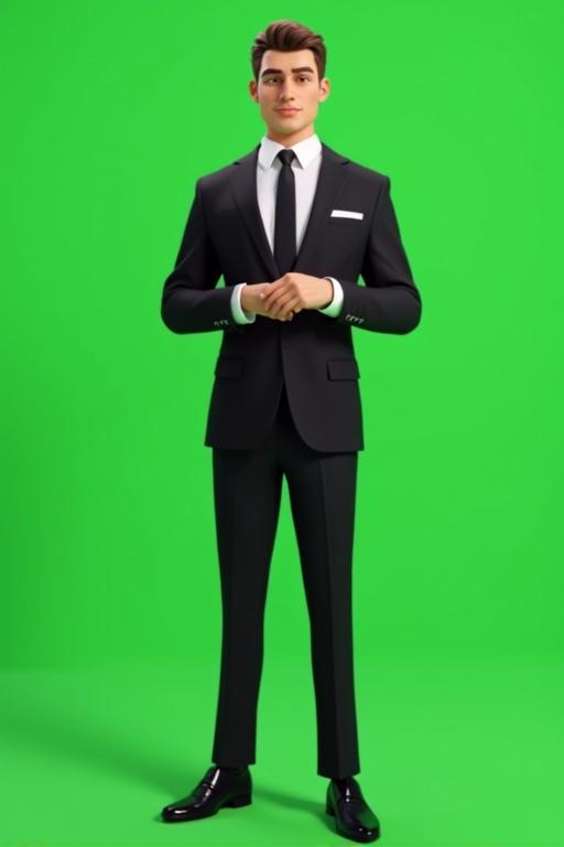 3D animation character standing in black suit with white shirt and black tie. Green background. Full-body shot with professional expression. Character adjusting cufflinks. Perfect lighting for compositing.