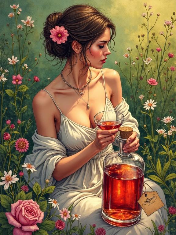 A vibrant illustration featuring a goddess in a garden. The woman has an hourglass figure and a bun hairstyle. She holds a cocktail glass and an apothecary-style bottle. Surrounded by wildflowers and herbs, the mood is serene and romantic. The ambiance suggests relaxation after a stressful week.