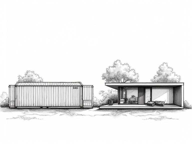 Black and white line art illustration showing a shipping container and a modern converted container home side by side. Focus on the contrast between coarse shipping container and beautiful modern design. Monochrome ink drawing with high contrast to highlight technical details.