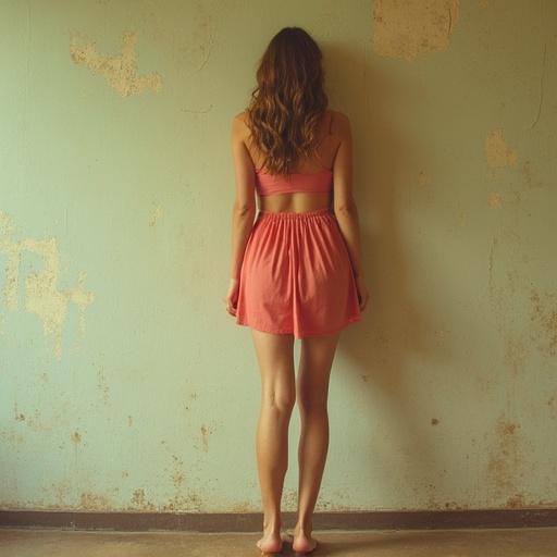Scratched vintage photography of hyper-realistic barefoot woman leaning against wall with short dress. Colors inspired by Wes Anderson aesthetic.