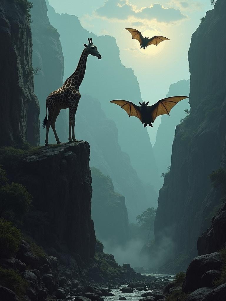 Giant giraffes on a steep rock in a spooky barranco with large voracious bats flying around.