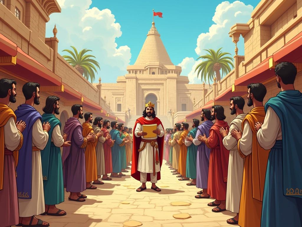 In ancient Babylon, a cheerful cartoon illustration depicts a bustling street filled with people wearing ordinary robes. In the center, a king's guard in a uniform stands proudly, reading a scroll aloud to the curious crowd. The onlookers, surprised and intrigued, engage in animated discussions among themselves. Various vendors and shoppers populate the vibrant marketplace, showcasing the daily life of the city. In the background, the grand palace towers over the scene, symbolizing the king's authority and the magnificence of Babylon.