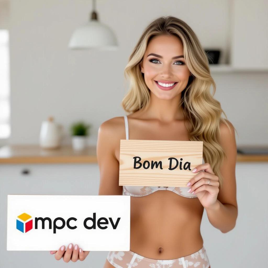 A blonde woman in intimate apparel holds a wooden sign saying 'Bom Dia'. She poses with a seductive look. Behind her is a modern logo on a sign that says 'MPC DeV'.