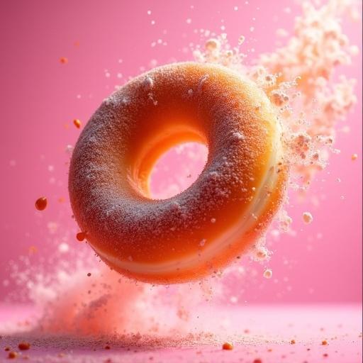 Dramatic hyper-realistic shot of a doughnut in mid-air surrounded by crumbs and particles. Bright pink background creates energy. High-speed capture with macro lens shows details and soft bokeh. Sharp lighting accentuates shape. Title 'Total Donuts' below the doughnut.