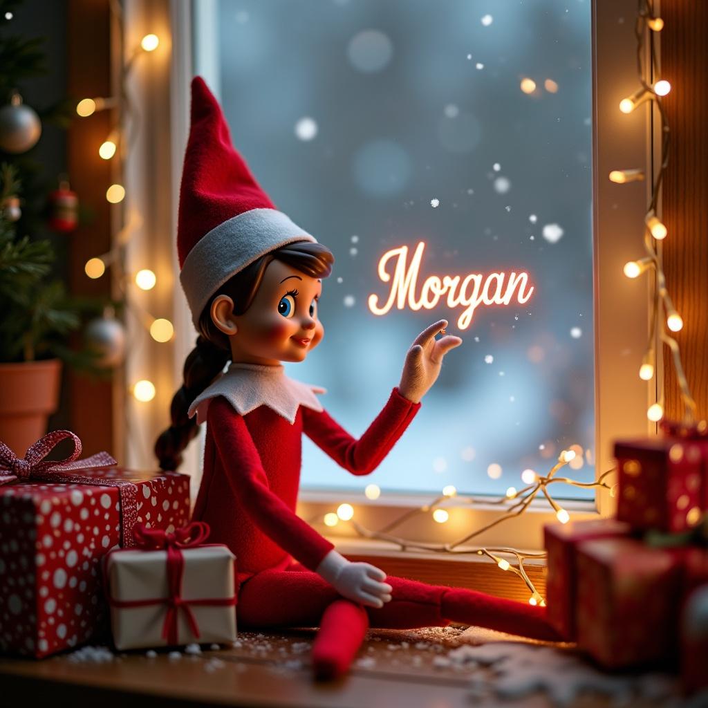 Scene of an elf from the shelf. Elf wears red outfit and hat. Cozy nook by a decorated window with presents. Elf seated, using wand to write 'Morgan' in air. Background has warm lights. Snowflakes falling outside the window.