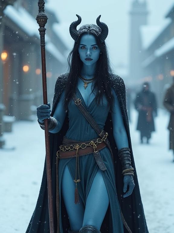 High fantasy aesthetic depicts a beautiful young devil woman in a snowy medieval town. She has blue skin, gold eyes, and long black hair with curled horns. She wears a sleeveless dress and a heavy black cape. She holds a long lance wrapped in black cloth.