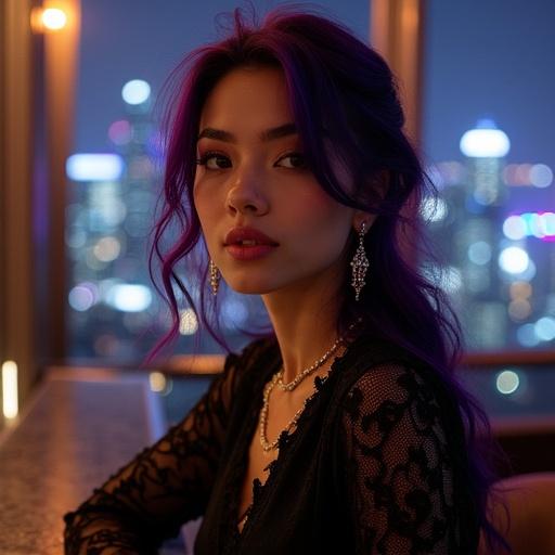 Elegant woman with dark violet hair at bar counter. Sharp facial features. Calm and intelligent expression. Wearing black lace and silk blouse. Sparkling earrings. Composed look. Behind is high-rise lounge. Large windows reveal night cityscape with skyscrapers and lights. Warm ambient lighting. Soft shadows create dreamy atmosphere.