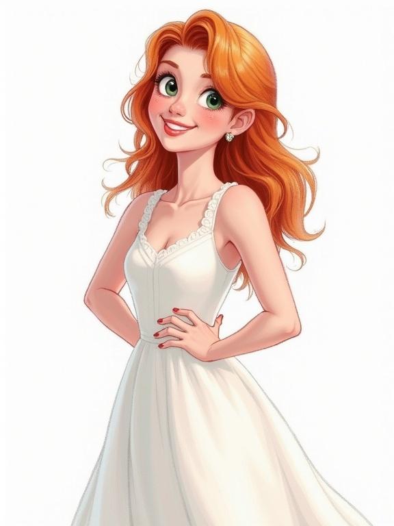 Pencil illustration colored. Young woman wearing a white dress. Redhead with long hair. Playful pose with hands on hips. Side view portrait. Character looks cheerful and attractive. Soft and inviting expressions.