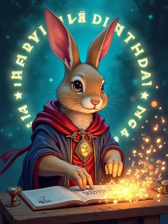 An illustration showcases a scholarly rabbit mage. The rabbit wears flowing robes and conjures glowing musical notes from an enchanted keyboard. Alchemical symbols form the words 'Happy Birthday' overhead. The image is vibrant with high-contrast colors and evokes a sense of magic and adventure.