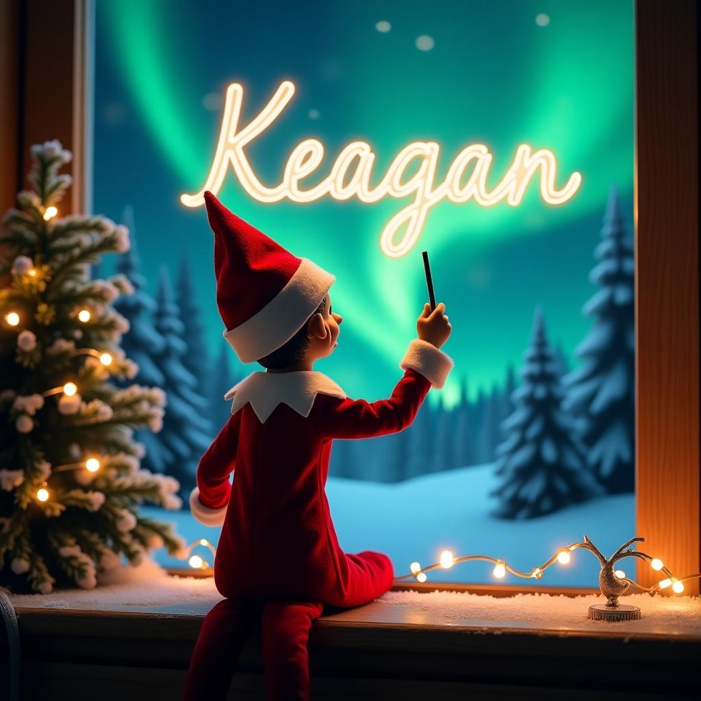 A Christmas scene with an elf facing the sky, writing 'Keagan' with a wand. Elf in red and white attire. Background features vibrant northern lights. Scene evokes Christmas spirit and wonder.